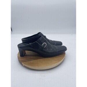 Brighton Tiana Mules Womens 8 Black Leather Croc Embossed Buckle Block Heel Shoe